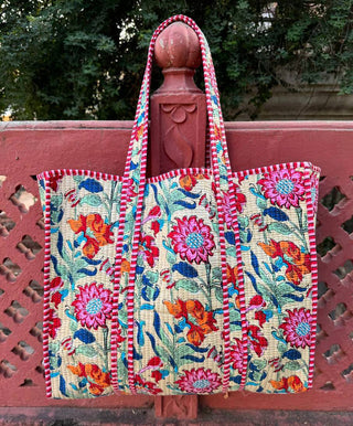 Ivory Quilted Bag With Large Multi Color Flowers