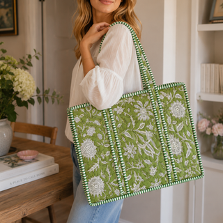 Large Green Floral Quilted Tote Bag