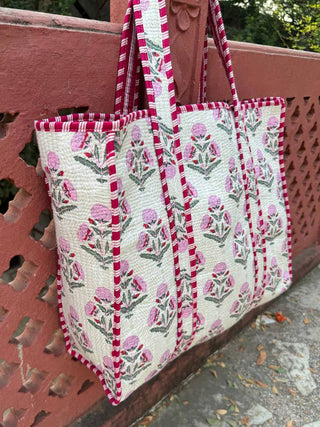 Cotton Quilted Bag Ivory With Pink Florals