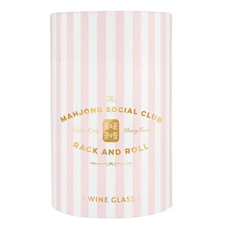 Striped cylindrical packaging with 'The Mahjong Social Club' branding on a white background