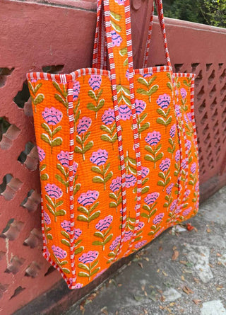 Orange Quilted Bag With Pink Floral