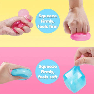 Two images showing hands squeezing pink and blue stress balls with text indicating texture changes.