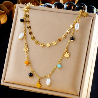 Pearl Drop Layer Charm Necklace Gold