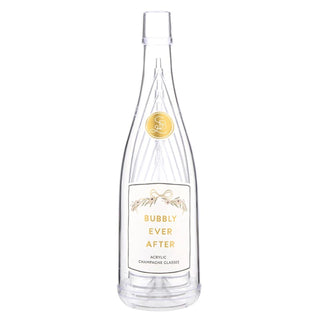 Clear acrylic champagne glass bottle with a gold label on a white background