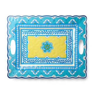 Decorative tray with blue floral patterns and a yellow center on a white background