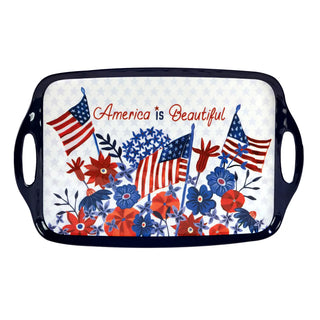 Decorative tray with American flags and flowers on a white background