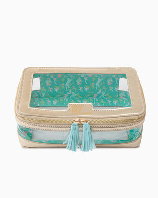 Small rectangular jewelry box with a green patterned top and beige sides on a white background