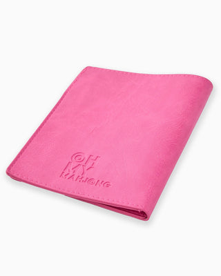 Pink cardholder with 'OH MY MAHJONG' text on a white background