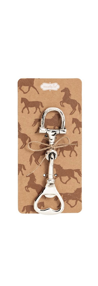 Metallic bottle opener on a cardboard backing with horse illustrations