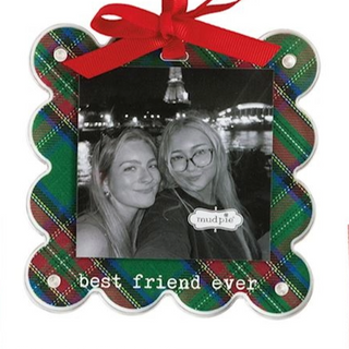 Decorative photo frame with plaid pattern and red ribbon, featuring a photo of two people and 'best friend ever' text.