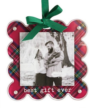 Decorative photo frame with plaid design and green ribbon, featuring a photo of a family and 'best gift ever' text.