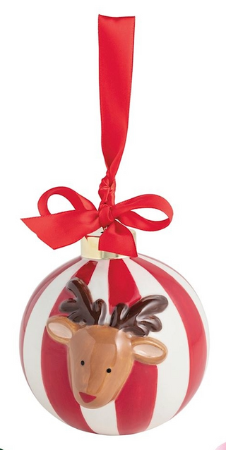 Decorative Christmas ornament with a reindeer design on a red and white striped ball, hanging from a red ribbon.