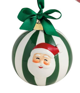 Christmas ornament with Santa Claus face on a green and white striped ball with a green ribbon.