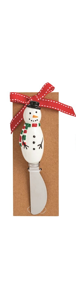 Snowman-themed butter knife with a red ribbon on a white background