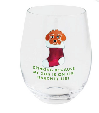 Clear glass with a dog in a stocking illustration and text on a white background