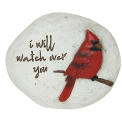 Decorative stone with a red cardinal bird and text on a white background