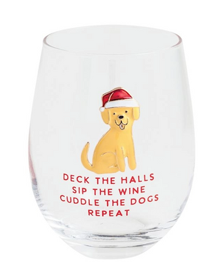 Clear glass with a dog illustration and text on a white background