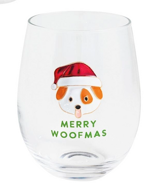 Clear glass with a dog illustration and 'Merry Woofmas' text on a white background