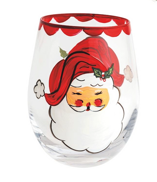 Stemless wine glass with a cartoon character wearing a red hat on a white background