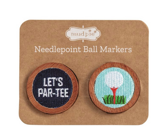 Two needlepoint ball markers on a Mudpie branded card.