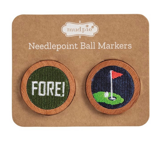 Two needlepoint ball markers on a Mud Pie branded card.