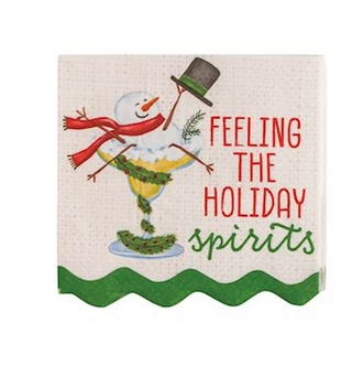 Decorative towel with a snowman design and text 'Feeling the holiday spirits' on a white background.