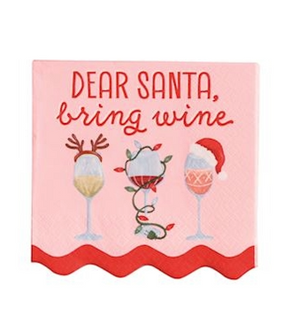 Card with 'Dear Santa, bring wine' text and wine glass illustrations on a pink background.