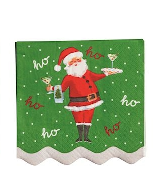 Decorative napkin with Santa Claus holding a martini on a green background with 'ho ho ho' text.