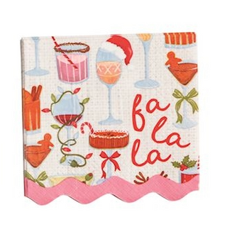 Christmas-themed towel with festive patterns and 'fa la la' text on a white background