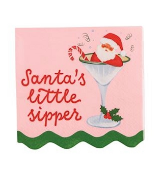 Pink napkin with Santa Claus design and 'Santa's little sipper' text on a white background