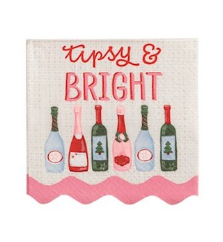 Decorative towel with wine bottles and 'Tipsy & Bright' text on a white background
