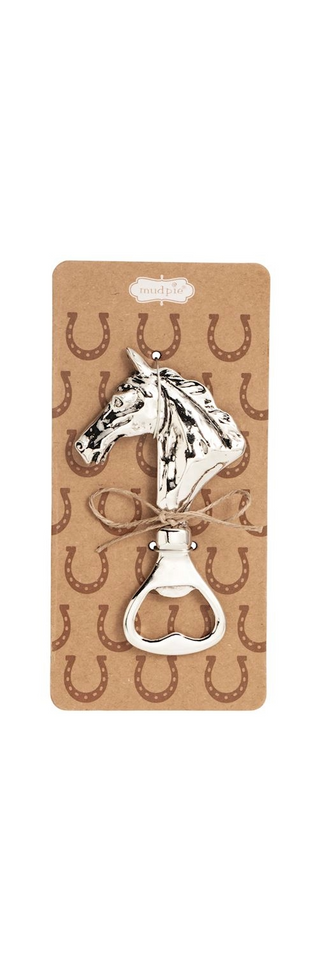 Silver horse-shaped bottle opener on a cardboard backing with horse shoe pattern