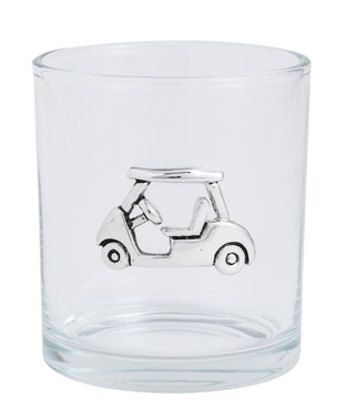 Clear glass tumbler with a golf cart design on a white background