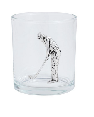 Clear glass tumbler with a silver golf club and ball decoration on a white background