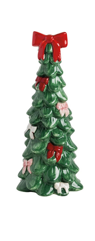 Decorative Christmas tree figurine with red bows and white animals on a white background