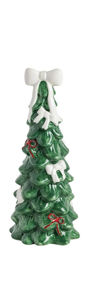 Decorative Christmas tree figurine with a white bow and red ribbons on a white background
