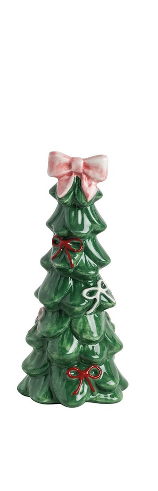 Green ceramic Christmas tree with decorative bows on a white background