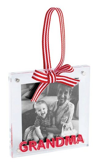 Decorative photo ornament with a red and white striped bow and 'GRANDMA' text, featuring a black and white photo of a woman and child.