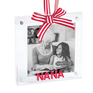 Clear photo frame with a red and white striped bow and the word 'Nana' below a black and white photo of a woman and child.