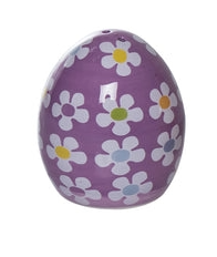 Purple egg-shaped object with white floral pattern on a white background