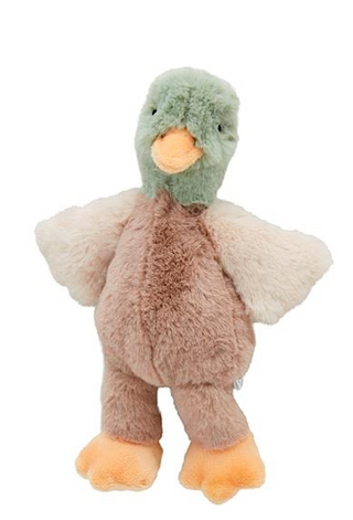 Plush toy duck with green head and brown body on a white background