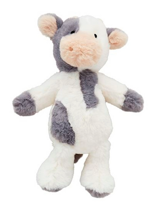 Plush toy cow with gray and white pattern on a white background