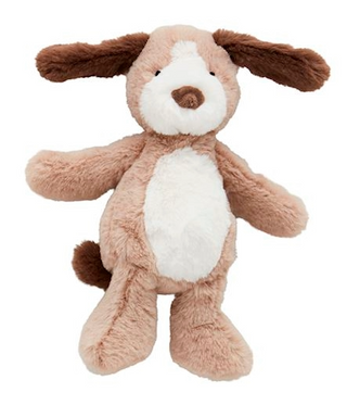 Plush dog toy with brown and white fur on a white background
