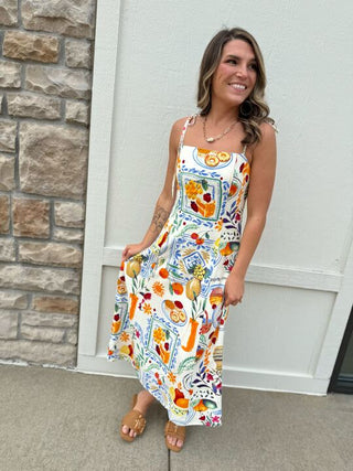 Mediterranean Picnic Floral Pattern Maxi Dress