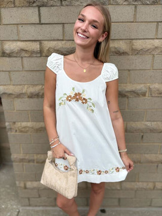 White Mini Dress with Floral Details