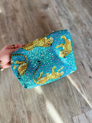 Teal Tiger Quilted Makeup Bags