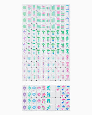 Sticker sheet with various colorful designs on a white background