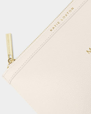 Close-up of a beige pouch with gold zipper and 'Katie Loxton' branding.