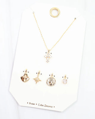 Cross and Coin Charm Necklace Set Gold