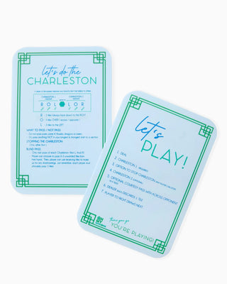 Two playing cards with text and design on a white background